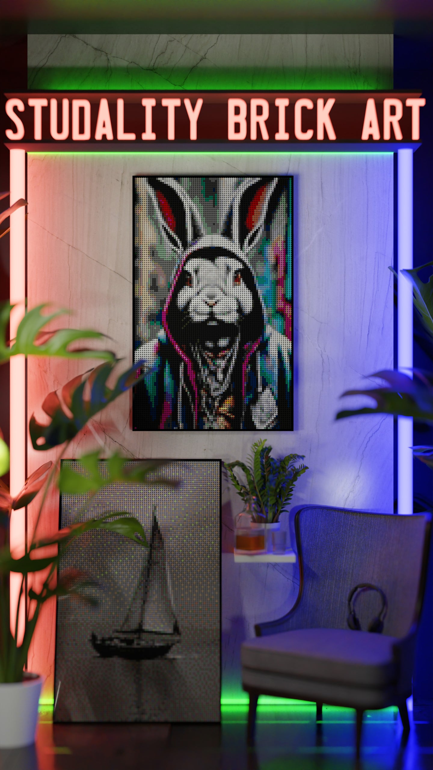 Thugsy Malone LEGO® Style mosaic wall art made from colorful plastic bricks
